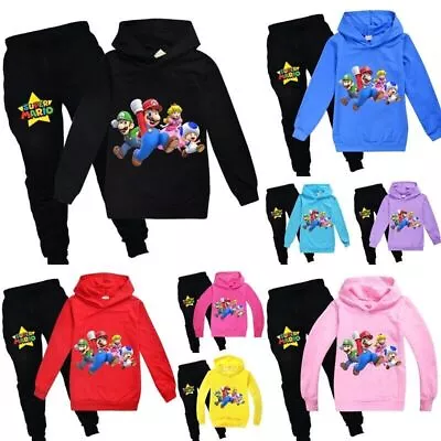 Kids Boys Girls Super Mario Print Casual Tracksuit Sets Hoodies Pants Suits UK • £17.99