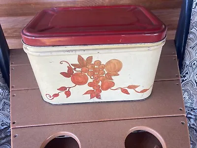 Vintage Tin Bread Box Fruit Design Tan/Red Lid • $21.95