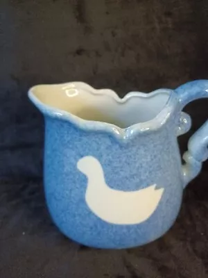 Vtg Calico China Blue Speckled Porcelain Pitcher White Painted Duck Goose • $12