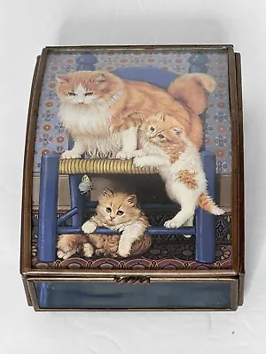 Vintage Stained Glass Cat Via Vermont Trinket Box Mirrored Hinged Orange Kitten • $24.99