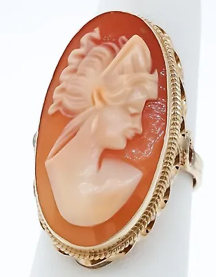 $0.99 • Buy 14K Vintage 29.0 X 15.0mm Carved Carnelian Cameo Ring Size 7