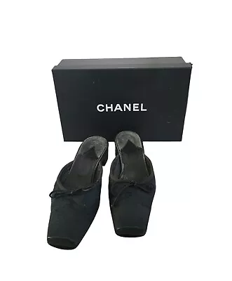 Vintage CHANEL 90s Denim LEATHER CC LOGO MULE HEELS Square Toe Sz 40 Box • $327.75