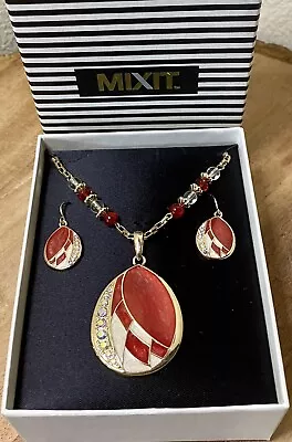 Mixit Jewelry Set New In Box Earring And Necklace Red Enamel/Crystals/Gold Tone. • $12.95