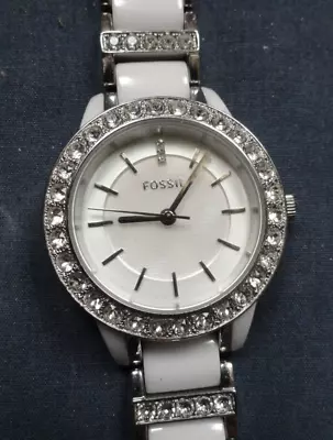 Fossil White Ceramic Watch CE-1017 Link Band W/Ceramic Inserts Crystal Bezel • $24.99