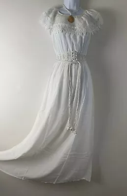 £21 • Buy Vintage Style Hippy Maxi White Dress M 10 Crochet Trim & Tassel Belt Valentines
