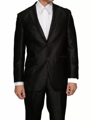 Men's Shiny Black Slim Fit Sharkskin Two Button Dress Suit • $99.99