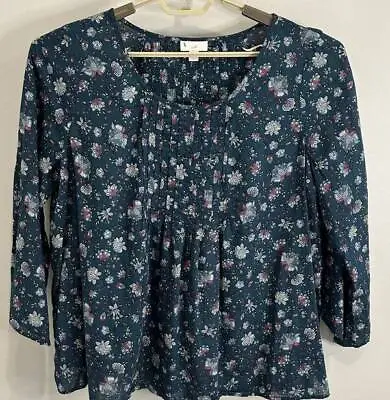 J Jill Womens Woven Cotton Green Floral Print Peasant Shirt 3/4 Sleeve Size L • $17.57