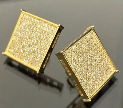 Large Square 14K Gold Plated Micro Pave Fully Iced CZ Men & Women Earrings • $15.95