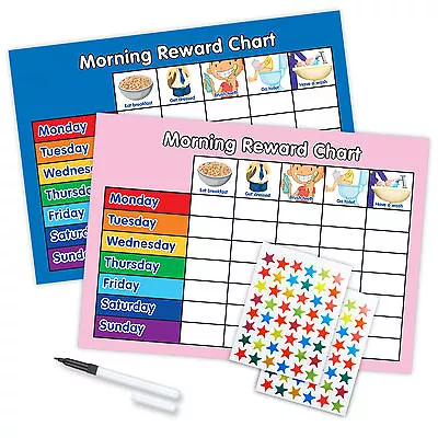 MORNING ROUTINE REWARD CHART MAGNETIC AVAILABLE FREE PEN & STARS Blue/Pink • £7.60