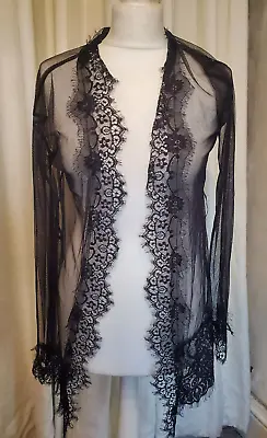 Sheer Lace Mesh Black Negligee Lingerie Open Front Kimono UK 8-10 Sexy • £6.95