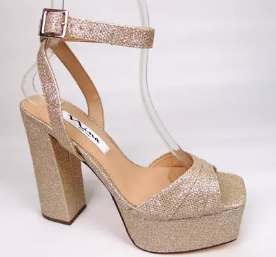 NINA Platform Evening Heels Sandals Women's Size 5.5 M Gold Sparkle Ankle Strap • $24.99