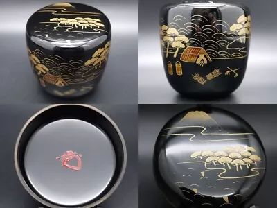 Japanese Lacquer Wooden Tea Caddy Black Chu-Natsume With Matsubara Maki-e (415) • £40.52