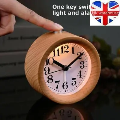 Vintage Classic Round Silent Table Desk Snooze Wooden Alarm Clock Night Light • £15.99