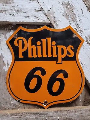 Vintage Phillips 66 Porcelain Sign Gasoline Motor Oil Highway Service Shield 12  • $134.95