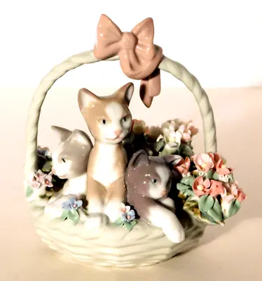 Lladro Purr-Fect Kittens Cats In Flower Basket Figurine #1444 • $104.50