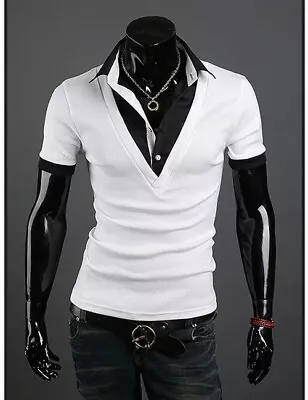 Mens Shirts Short Sleeves Luxury Casual Slim Fit Camisas Double Collar Shirts • $16.11