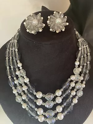 VINTAGE W. GERMANY Multi Tones 4 STRAND GLASS NECKLACE & EARRINGS SET - SIGNED • $25