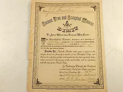 Antique Masonic Lodge Certificate Of Dimit Louisiana 1907 • $24.95