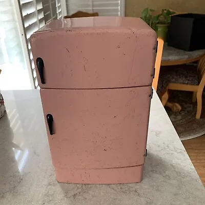 Vintage Wolverine Pink Tin Metal Litho Refrigerator 1950's 13.5  X 8  & Tin Food • $45