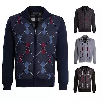 Mens Diamond Pattern Fur Line Zip Up Knitwear Pocket Grandad Cardigan • £24.99