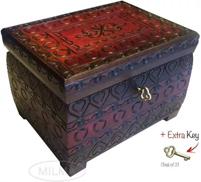 Burned Chest W/ Lock & Key Handmade Linden Wood Red Hearts Keepsake Jewelry Box • $42.99