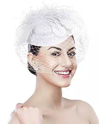 Pillbox Hat With Veil Vintage Fascinators For Women Small A-white With Feathers • $24.44