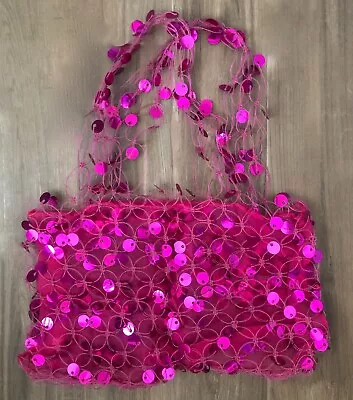 Unique Gorgeous Fuchsia Large Sequined Lined Tote Shoulder Handbag Vintage • $39.95