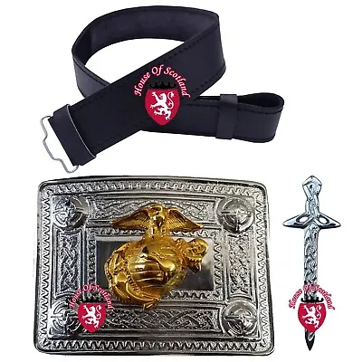 Scottish Kilt Belt Buckle US Marine Chrome Leather Belt Celtic Pin Outfit 3 Pcs • £18.99