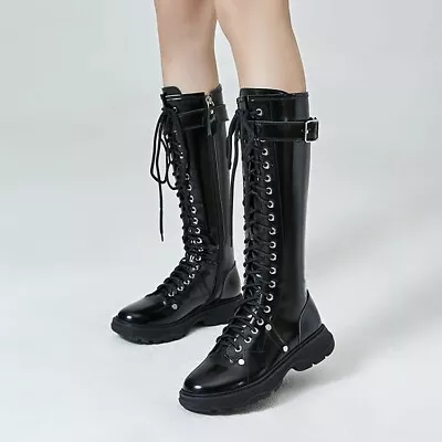 Womens New Fashion Leather Buckle Strap Lace Up Combat Knee High Boots Shoes SUN • $76.35