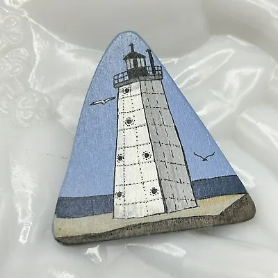 Vtg Ludington North Pier Lighthouse Brooch Michigan S Hunnell Handpainted 2.25  • $18