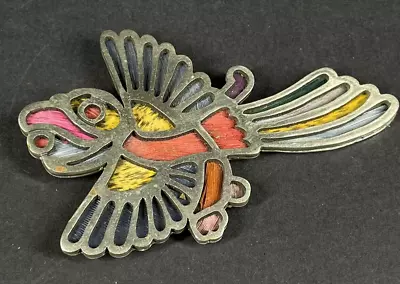 Vintage Los Castillo Pluma Azteca Exotic Silver-plated & Feather Bird Brooch • $399.99