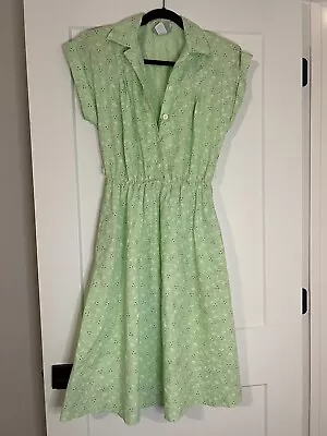 Blair 70s Green Shirt Dress Short Cuffed Sleeve Elastic Waist Size 10 Vintage • $24