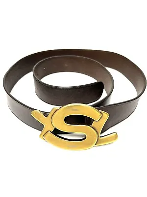 Yves Saint Laurent Ysl Logo Buckle Genuine Leather Belt Size 121 Cm / 47.5 In • $325