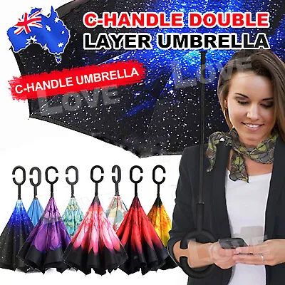$15.50 • Buy Umbrella C-handle Reverse-Design Windproof Double Layer Upside Down Inverted HOT