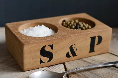 Eco-friendly Iroko Hardwood Salt And Pepper Pinch Pots With Black S & P Stencil • £12.99