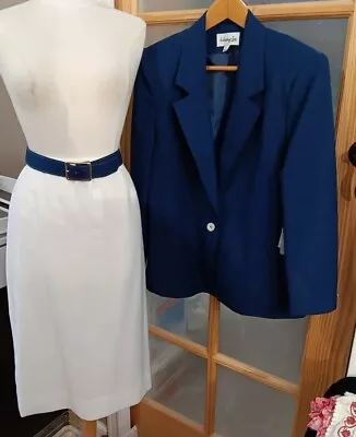 Skirt Suit True Vintage NWT 60s-70s Henry Lee Blazer Belt White Blue Sz 14 Lined • $68.77