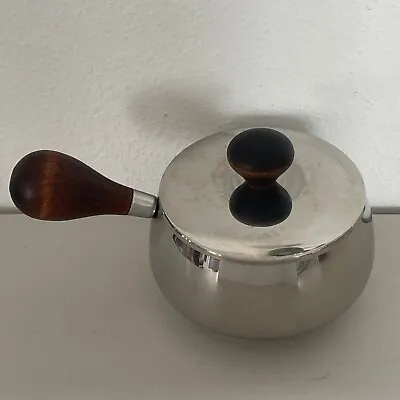 Vintage Mid Century Modern Stainless Steel Wood Handled Fondue Pot • $29.89