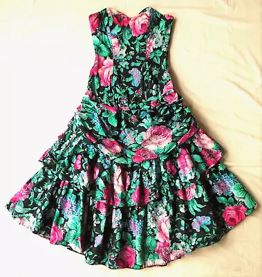 Vintage 80s Tiered Ra Ra Dress By Richards - Floral Print Cotton - Party - Prom • £21.99