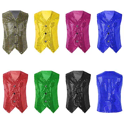 Mens Vest Sequin Jacket Button-Up Waistcoat Dance Clubwear Tuxedo Costume Prom • $12.59