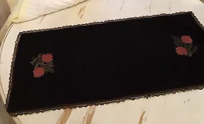 Table Runner  Hand Painted Flowers Black Crepe Victorian Antique Wire Lace Rare • $29.99