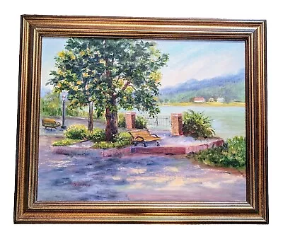 Vintage Original Painting Signed 16 X 20” On Canvas Outdoor Scene  Framed 20x24 • $49.99