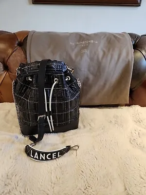 Lancel Paris Black Leather Crinkle Wet Look Patent Leather Bucket Shoulder Bag • £185