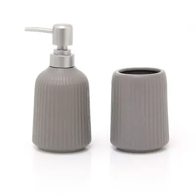 Grey Ceramic Toothbrush Holder & Soap Dispenser | 2 Piece Bathroom Accessory Set • £13.99