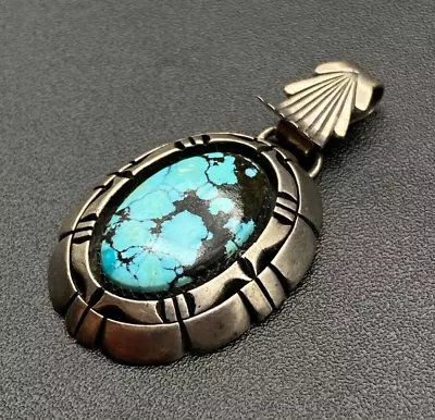 Vintage Navajo Irvin Kee Turquoise Shadowbox Sterling Silver Pendant • $285