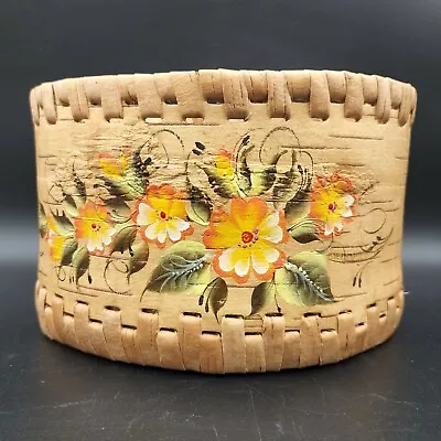 Vtg Birch Bark Basket Floral Spray Handpainted RARE Yellow Orange Green Flowers • $22.95