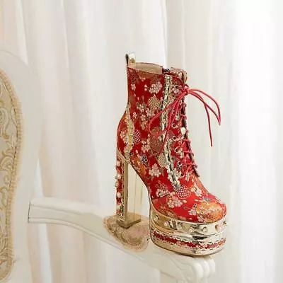 Womens Lace Up Platform High Block Heel Pearls Embroidery Zip Ankle Boots Shoes • $106.78