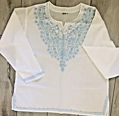 Vintage Embroidered Blouse Boho Indian Tunic Kaftan White Blue  Xl 46  • $23.98