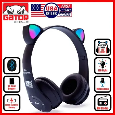 Cat Rabbit Ears Wireless Bluetooth Headphones Earphones MIC LED Lights For Kids • $9.99