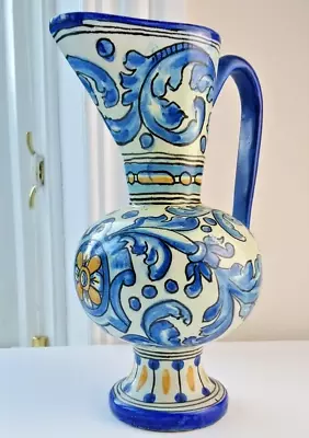 Antique Majolica Maiolica Blue Yellow Hand Painted Unmarked Jug 23cm Tall • £28.94