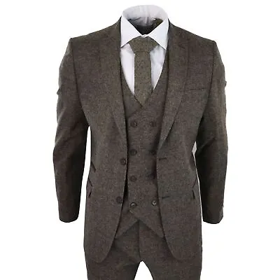 Mens Wool 3 Piece Suit Double Breast Waistcoat Tweed Blinders Classic 1920s Oak • $198.89